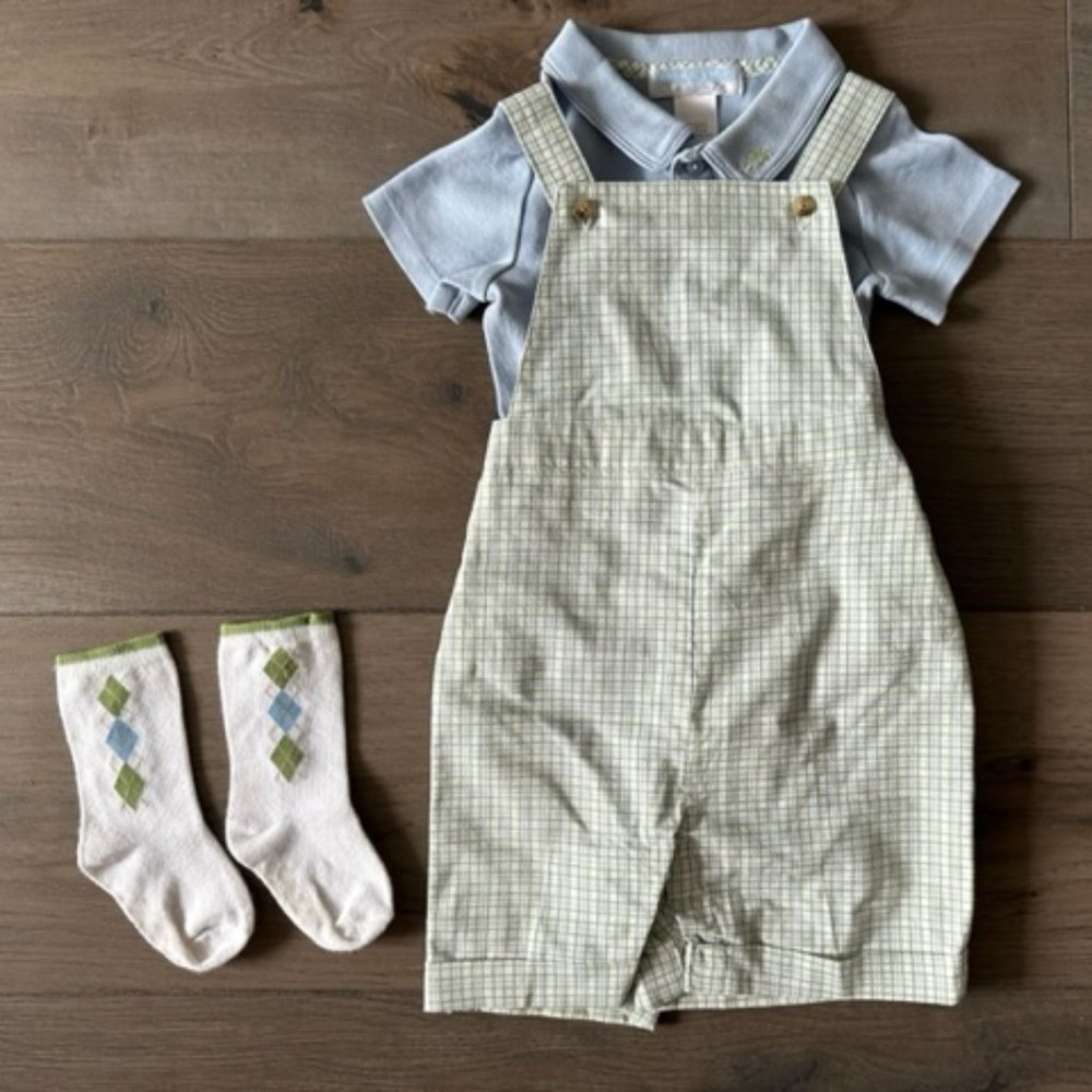 JANIE AND JACK LAYETTE BABY BOYS 3 PIECE SET ONESIE SHORT OVERALLS SOCKS